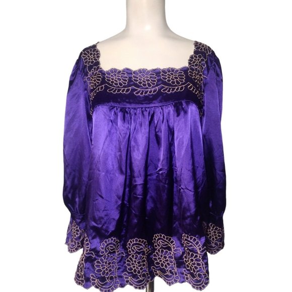 Moon Tops - Moon Brand Womens Size M Satin Embroidered Floral Shirt Purple Scallop Edging